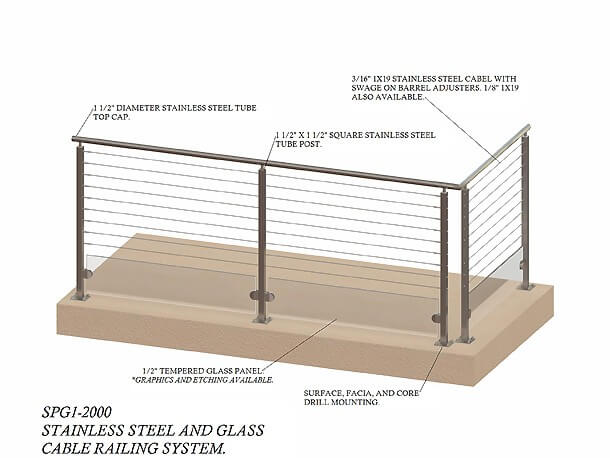 Stainless Steel Cable and Glass Railing System SPG1-2000
